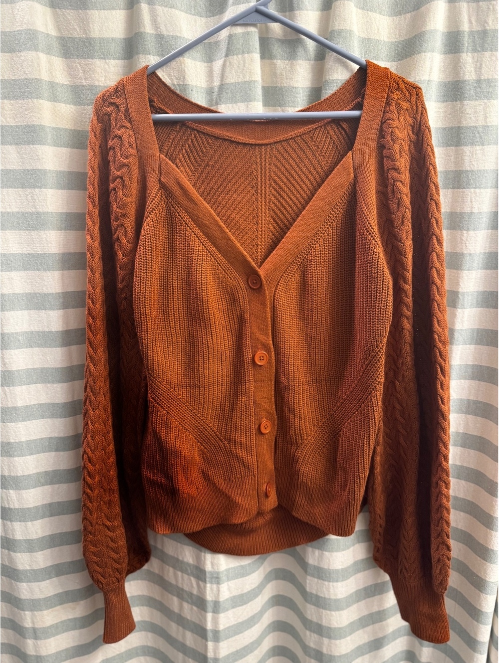 Women's XL Rust Orange Cable Knit Button-Up Cardigan Sweater